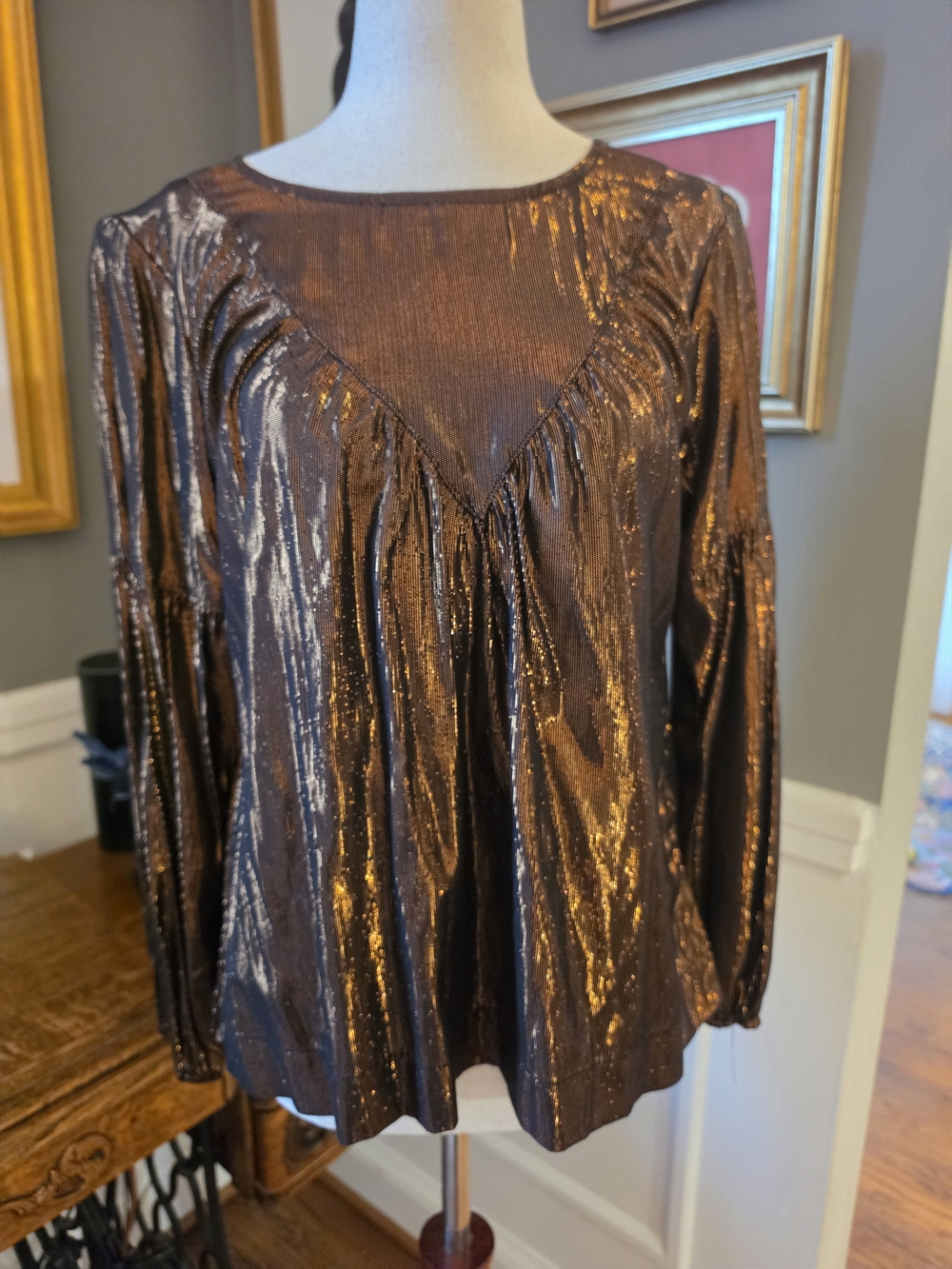 Amadi From Anthropologie Metallic Bronze Long-Sleeve Blouse Size Xs